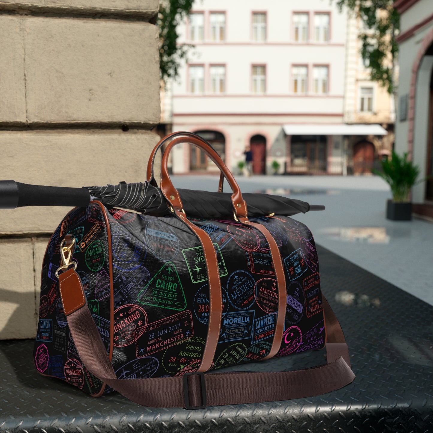 Travel Bag with Passport Stamps Design