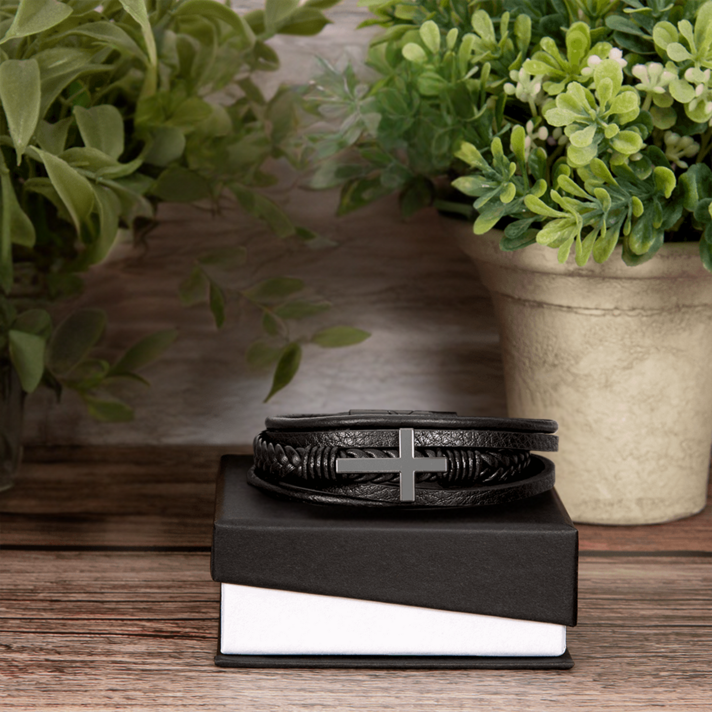 Men's Braided Cross Leather Bracelet