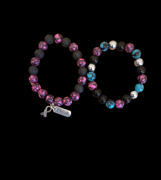 Crackle Pink, turquoise, Silver and Lava Bracelet set