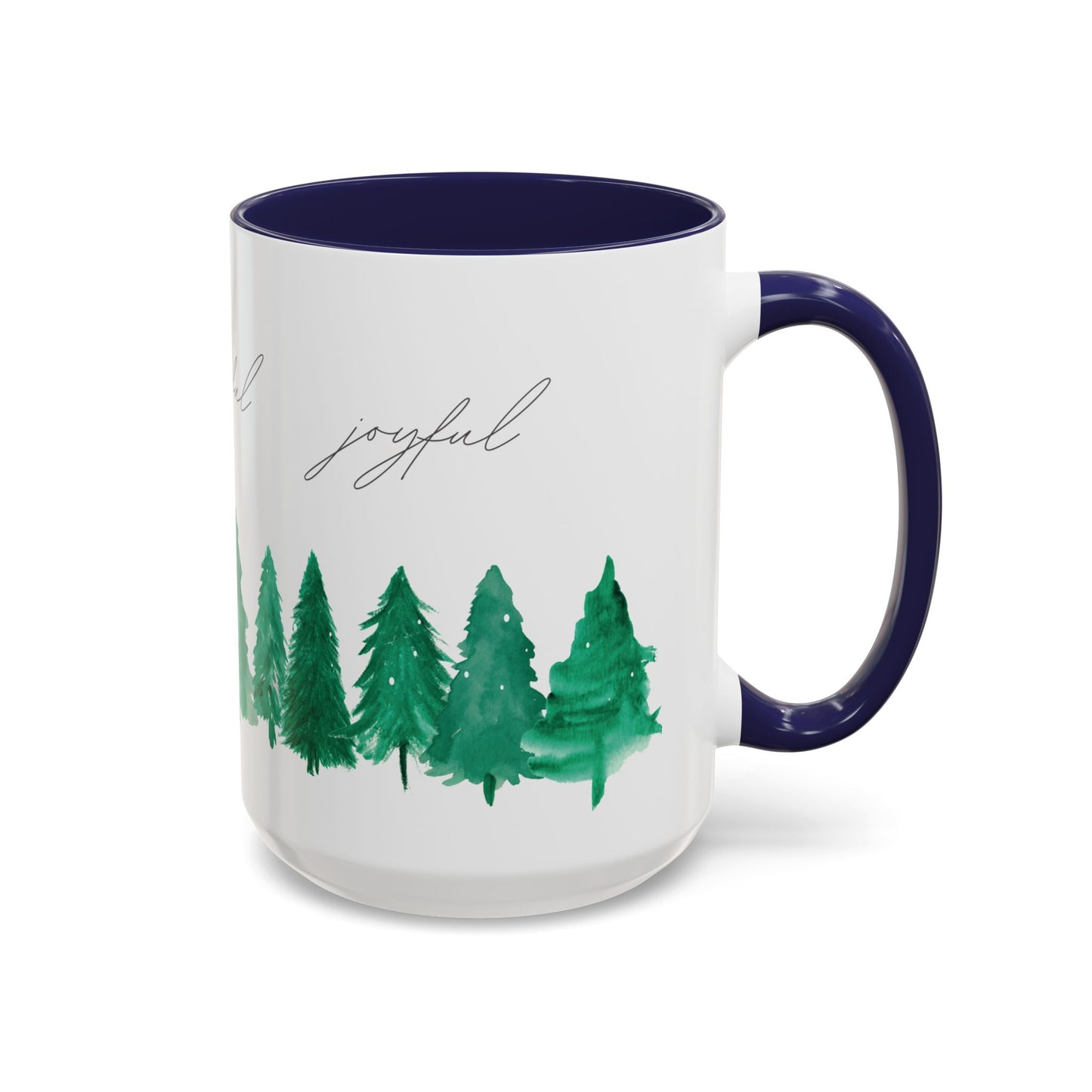 Joyful Evergreen Coffee Mug — Holiday Tree Watercolor Accent Mug (11/15oz)