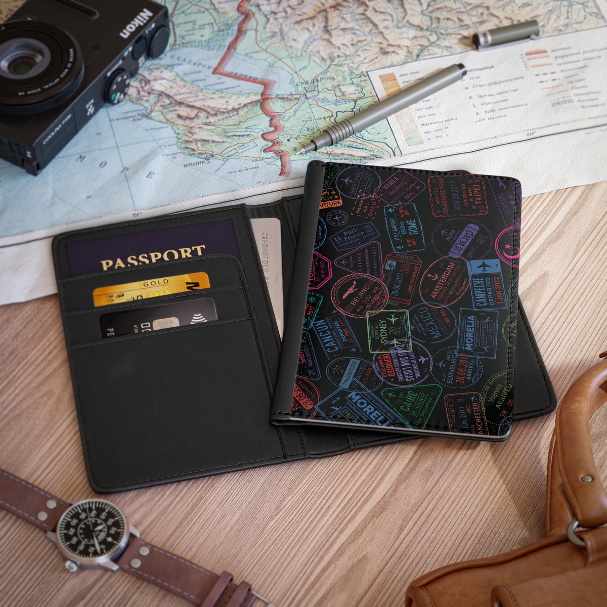 Stamped Passport Cover — Colorful Travel Visa & Stamp Design, Travel Accessory Gift