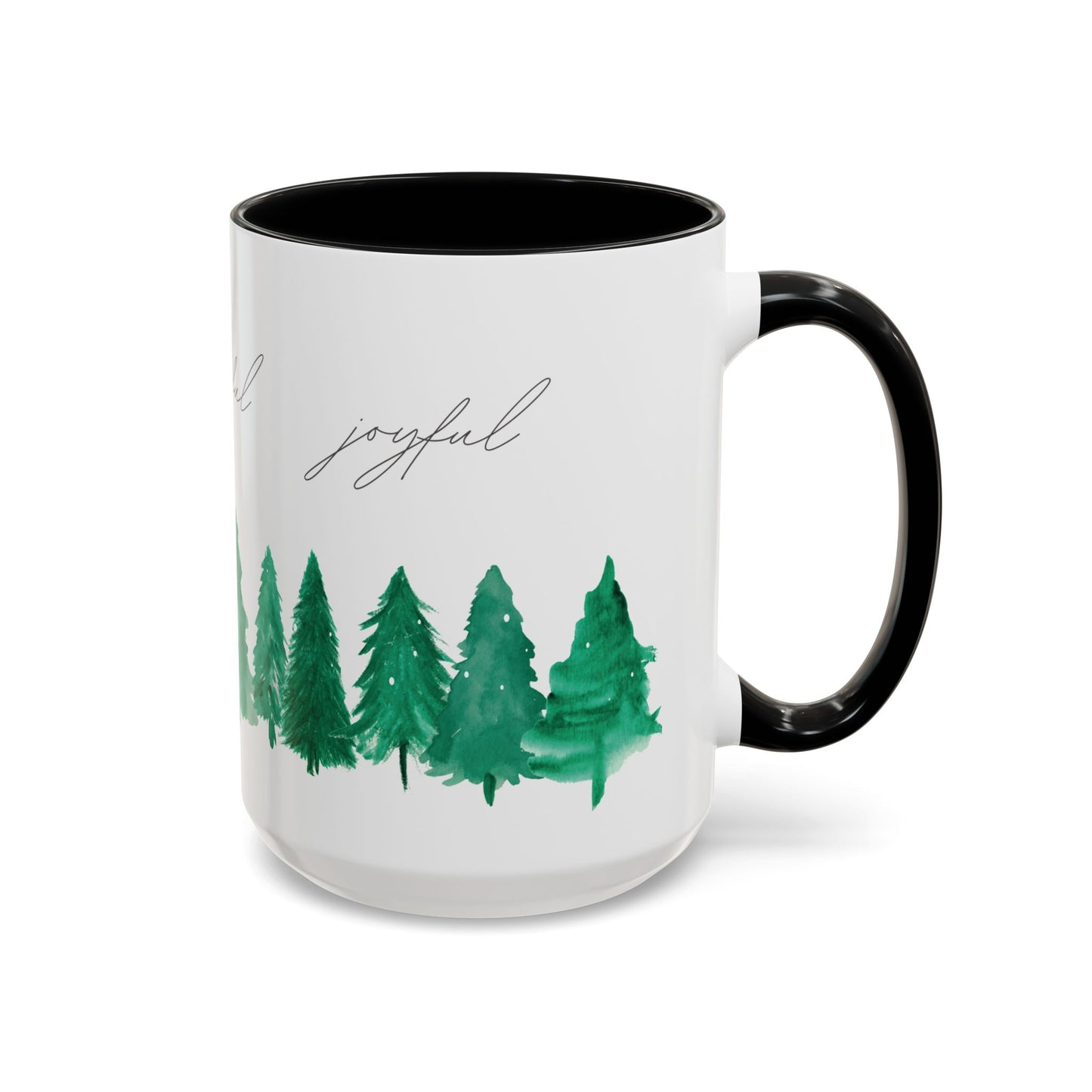 Joyful Evergreen Coffee Mug — Holiday Tree Watercolor Accent Mug (11/15oz)