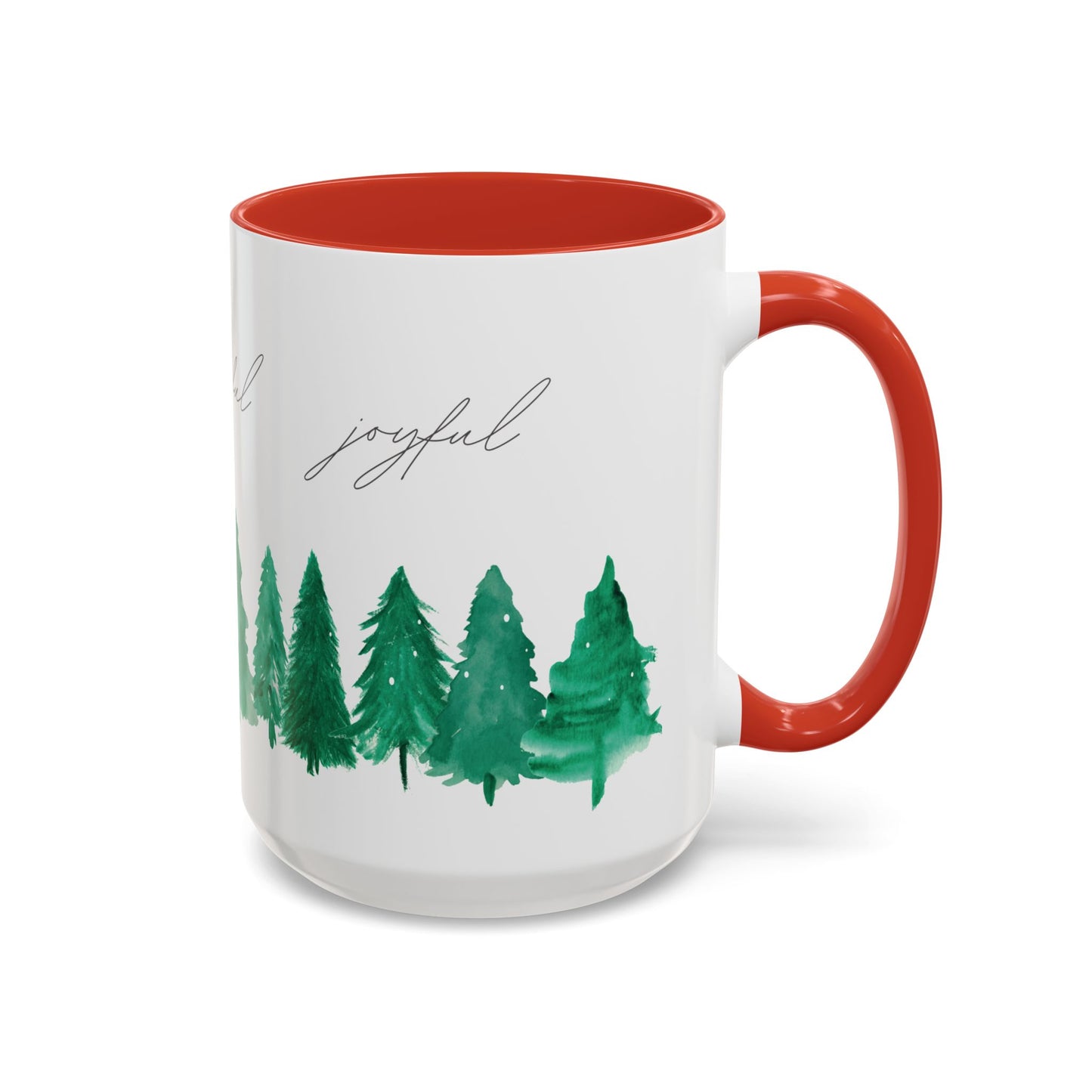 Joyful Evergreen Coffee Mug — Holiday Tree Watercolor Accent Mug (11/15oz)