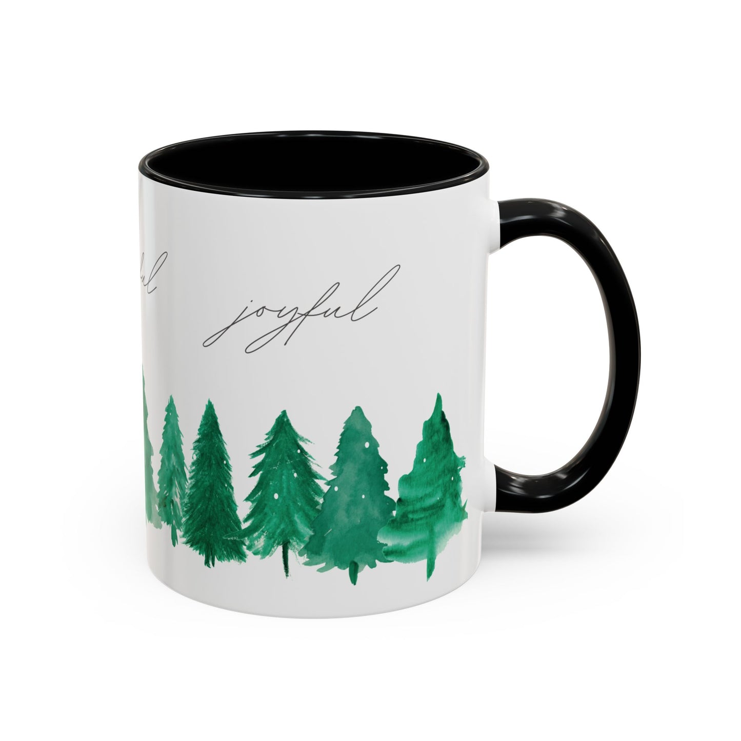 Joyful Evergreen Coffee Mug — Holiday Tree Watercolor Accent Mug (11/15oz)