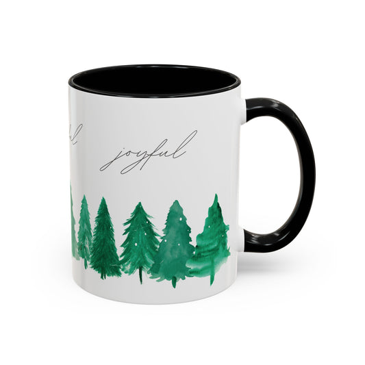 Joyful Evergreen Coffee Mug — Holiday Tree Watercolor Accent Mug (11/15oz)