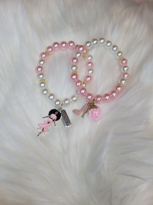 Pink and White Breast Cancer ribbon bracelet