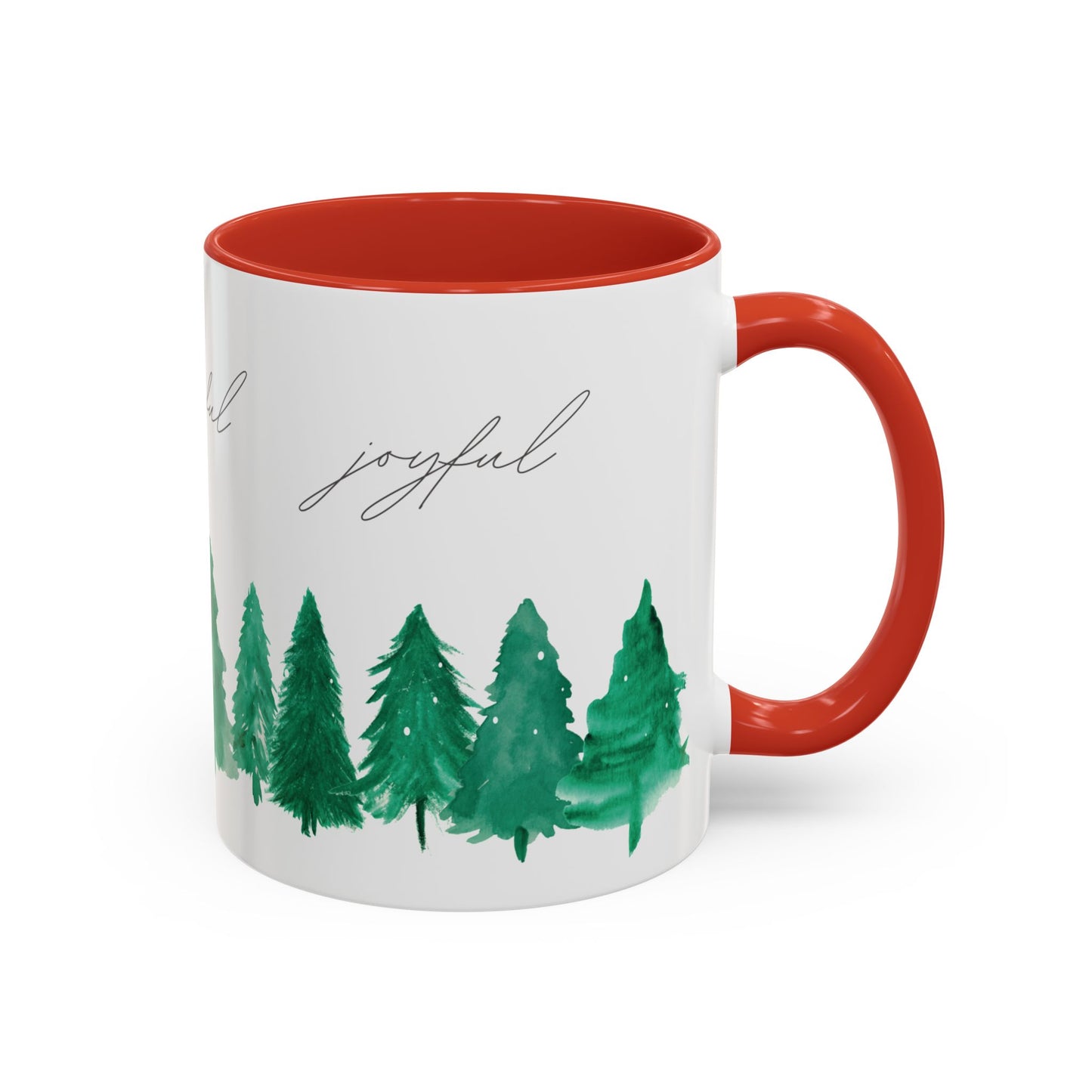 Joyful Evergreen Coffee Mug — Holiday Tree Watercolor Accent Mug (11/15oz)